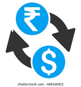 Dollar Rupee Exchange icon. Vector style is bicolor flat iconic symbol with rounded angles, blue and gray colors, white background.