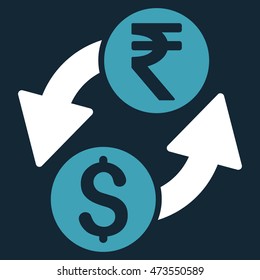 Dollar Rupee Exchange icon. Vector style is bicolor flat iconic symbol with rounded angles, blue and white colors, dark blue background.
