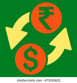 Dollar Rupee Exchange icon. Vector style is bicolor flat iconic symbol with rounded angles, orange and yellow colors, green background.