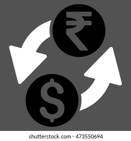 Dollar Rupee Exchange icon. Vector style is bicolor flat iconic symbol with rounded angles, black and white colors, gray background.