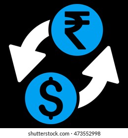 Dollar Rupee Exchange icon. Vector style is bicolor flat iconic symbol with rounded angles, blue and white colors, black background.