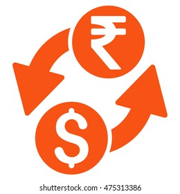 Dollar Rupee Exchange icon. Vector style is flat iconic symbol with rounded angles, orange color, white background.