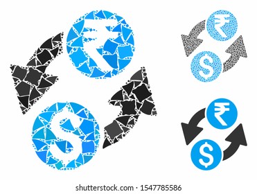 Dollar rupee exchange mosaic of unequal items in different sizes and color hues, based on dollar rupee exchange icon. Vector bumpy dots are grouped into mosaic.