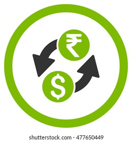 Dollar Rupee Exchange rounded icon. Vector illustration style is flat iconic bicolor symbol, eco green and gray colors, white background.