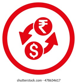 Dollar Rupee Exchange rounded icon. Vector illustration style is flat iconic symbol, red color, white background.
