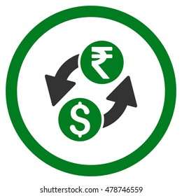 Dollar Rupee Exchange rounded icon. Vector illustration style is flat iconic bicolor symbol, green and gray colors, white background.
