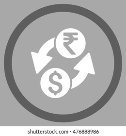 Dollar Rupee Exchange vector bicolor rounded icon. Image style is a flat icon symbol inside a circle, dark gray and white colors, silver background.