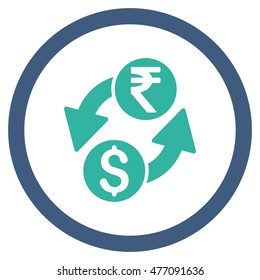 Dollar Rupee Exchange vector bicolor rounded icon. Image style is a flat icon symbol inside a circle, cobalt and cyan colors, white background.