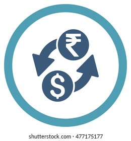 Dollar Rupee Exchange vector bicolor rounded icon. Image style is a flat icon symbol inside a circle, cyan and blue colors, white background.