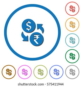 Dollar Rupee money exchange flat color vector icons with shadows in round outlines on white background