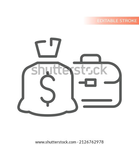 Dollar sack and briefcase line vector icon. Money bag and case outlined symbol.