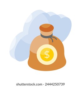 Dollar sack with cloud denoting isometric icon of cloud money, cloud earnings vector