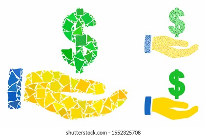 Dollar salary mosaic of rough elements in different sizes and shades, based on dollar salary icon. Vector humpy elements are united into mosaic. Dollar salary icons collage with dotted pattern.