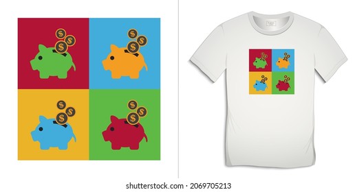 Dollar and saving piggy bank, multicolored piggy, money design for t-shirt vector