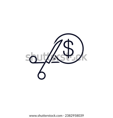 Dollar and scissors. Cut funding.  Vector linear icon isolated on white background.