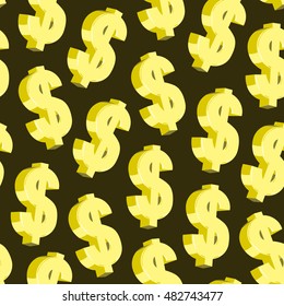 Dollar seamless pattern. American golden currency symbols on black background. 
