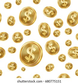Dollar Seamless Pattern Vector. Gold Coins. Isolated Background. Golden Finance Banking Texture.