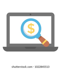 Dollar search on laptop, flat icon online business concept