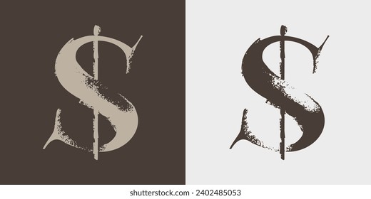 Dollar serif logo with dry brush strokes. Classic style font. Grunge textured and rough edges elements. Perfect for fashion labels, vintage headlines, glamour luxury identity, wedding invitations.