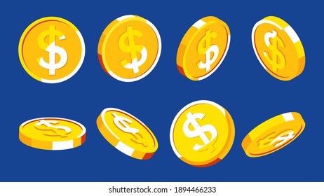 Dollar. Set of falling golden coins. Gold coins with dollar sign in various positions. Vector 3d money for design, poster, web. Blue background.
