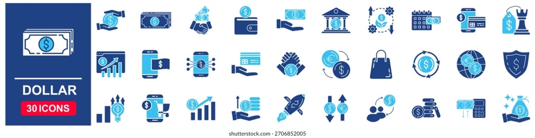 Conjunto de iconos web en estilo azul plano. concepto de Ilustración vectorial relacionado con el banco, signos, negocios, pagos, símbolos, finanzas, divisas