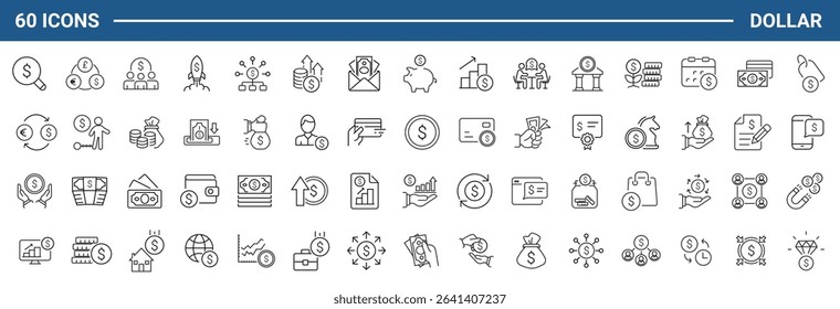 Dollar set of web icons in line style. A collection of linear icons representing dollar concepts, including dollar sign, currency exchange, cash, coins, banknotes, digital dollar. Editable stroke