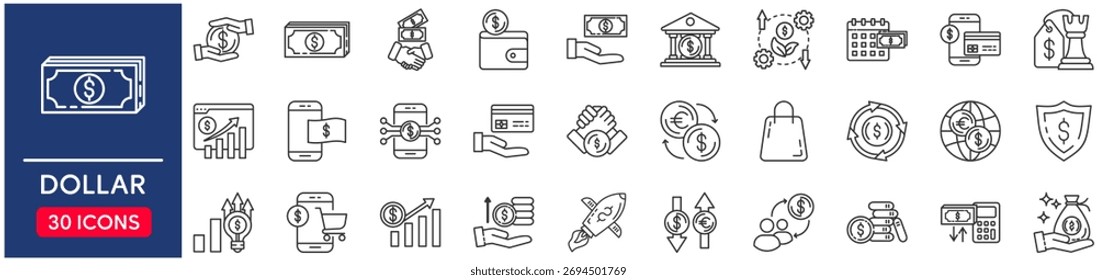 Dollar set of web icons in line style. vector illustration concept relate to bank, signs, business, payment, symbol, finance, currency