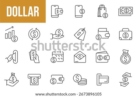Dollar set of web icons in line style. A collection of linear icons representing dollar concepts, including dollar sign, currency exchange, cash, coins, banknotes, digital dollar. Editable stroke