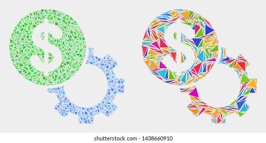 Dollar setup gear mosaic icon of triangle elements which have various sizes and shapes and colors. Geometric abstract vector illustration of dollar setup gear.