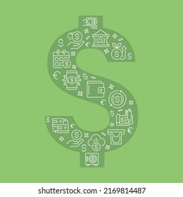 Dollar shaped concept filled with editable linear icons. Personal and business finance. Money withdrawal. Bank account. Simple thin line symbols composition on green background. Vector outline drawing
