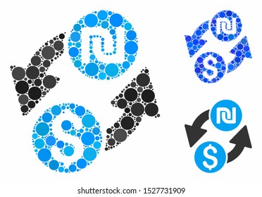 Dollar shekel exchange composition of circle elements in variable sizes and color tinges, based on dollar shekel exchange icon. Vector circle elements are grouped into blue composition.