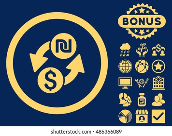 Dollar Shekel Exchange icon with bonus images. Vector illustration style is flat iconic symbols, yellow color, blue background.