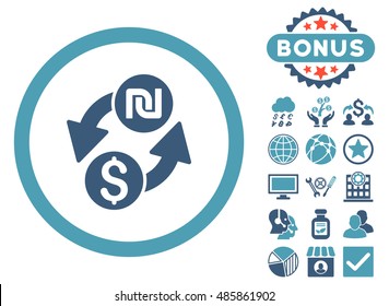 Dollar Shekel Exchange icon with bonus symbols. Vector illustration style is flat iconic bicolor symbols, cyan and blue colors, white background.