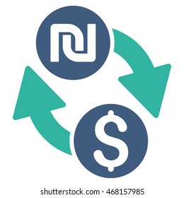 Dollar Shekel Exchange icon. Vector style is bicolor flat iconic symbol with rounded angles, cobalt and cyan colors, white background.