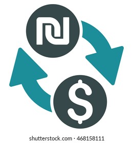 Dollar Shekel Exchange icon. Vector style is bicolor flat iconic symbol with rounded angles, soft blue colors, white background.
