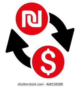 Dollar Shekel Exchange icon. Vector style is bicolor flat iconic symbol with rounded angles, intensive red and black colors, white background.