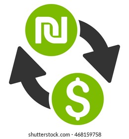 Dollar Shekel Exchange icon. Vector style is bicolor flat iconic symbol with rounded angles, eco green and gray colors, white background.