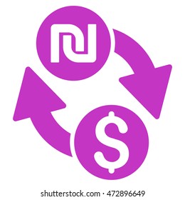 Dollar Shekel Exchange icon. Vector style is flat iconic symbol with rounded angles, violet color, white background.