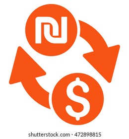 Dollar Shekel Exchange icon. Vector style is flat iconic symbol with rounded angles, orange color, white background.