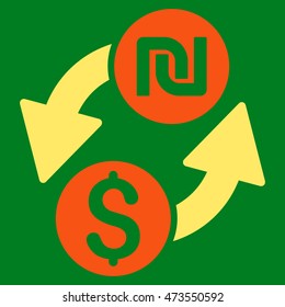 Dollar Shekel Exchange icon. Vector style is bicolor flat iconic symbol with rounded angles, orange and yellow colors, green background.
