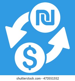 Dollar Shekel Exchange icon. Vector style is flat iconic symbol with rounded angles, white color, blue background.