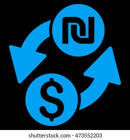 Dollar Shekel Exchange icon. Vector style is flat iconic symbol with rounded angles, blue color, black background.