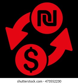 Dollar Shekel Exchange icon. Vector style is flat iconic symbol with rounded angles, red color, black background.