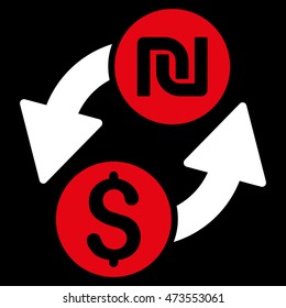 Dollar Shekel Exchange icon. Vector style is bicolor flat iconic symbol with rounded angles, red and white colors, black background.