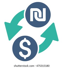 Dollar Shekel Exchange icon. Vector style is bicolor flat iconic symbol with rounded angles, cobalt and cyan colors, white background.