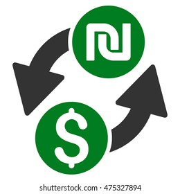 Dollar Shekel Exchange icon. Vector style is bicolor flat iconic symbol with rounded angles, green and gray colors, white background.
