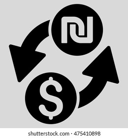Dollar Shekel Exchange icon. Vector style is flat iconic symbol with rounded angles, black color, light gray background.