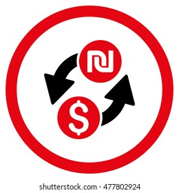 Dollar Shekel Exchange rounded icon. Vector illustration style is flat iconic bicolor symbol, intensive red and black colors, white background.