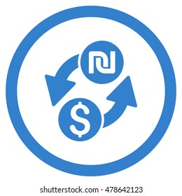 Dollar Shekel Exchange rounded icon. Vector illustration style is flat iconic symbol, cobalt color, white background.