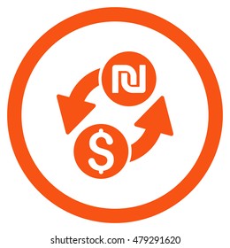 Dollar Shekel Exchange rounded icon. Vector illustration style is flat iconic symbol, orange color, white background.